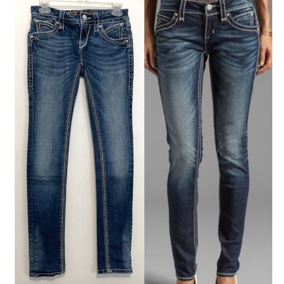 ROCK REVIVAL Blair Skinny Jeans Dark Whiskered Distressed Stitching Low Rise Y2K - Picture 1 of 13